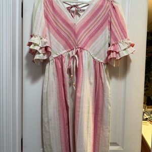 easel Pink and Cream Striped V-Neck Midi Dress